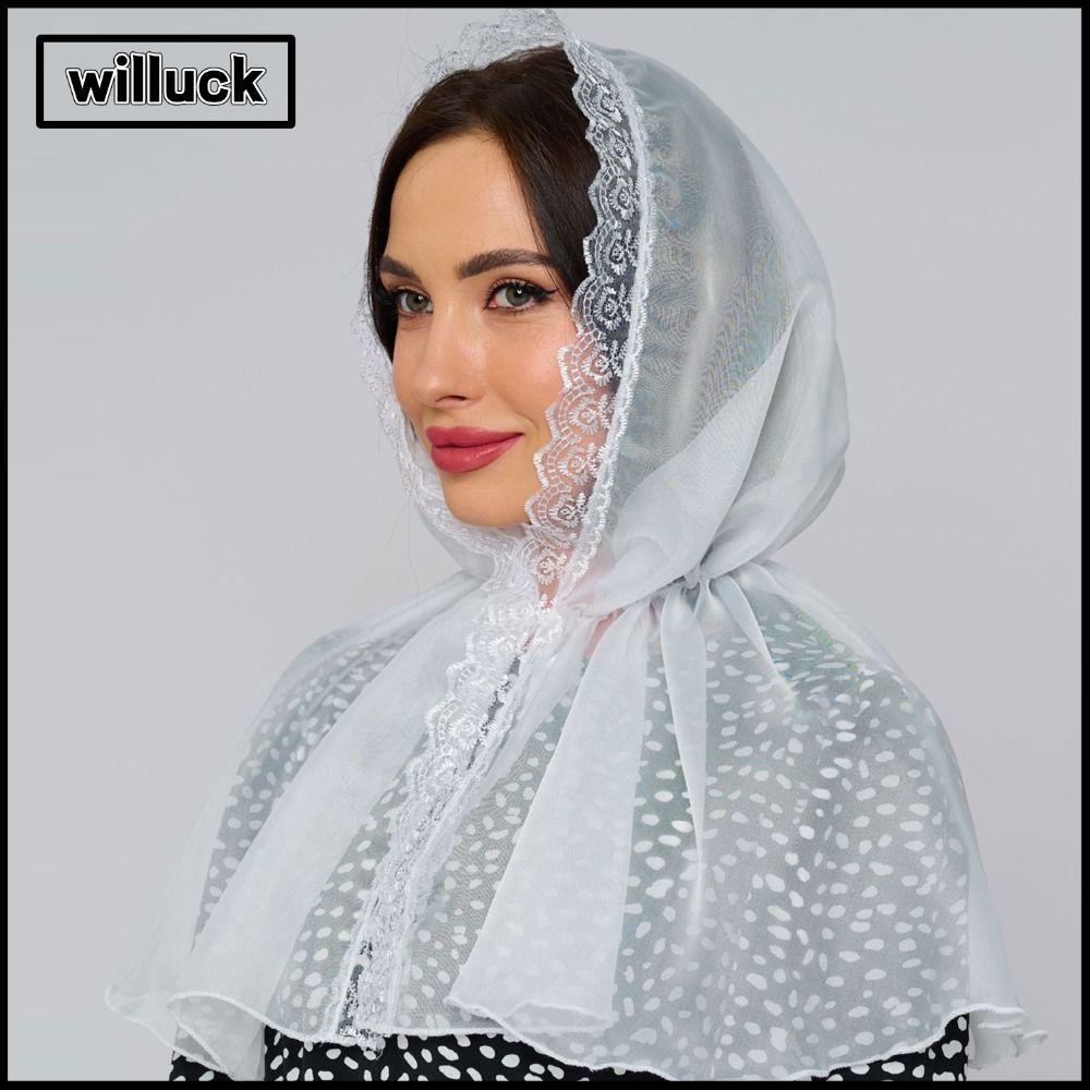 WILLUCK Hijab, สีขาว Simple Cape Hooded Shawl, แฟชั่นลูกไม้ชีฟอง Poncho ผู้หญิง