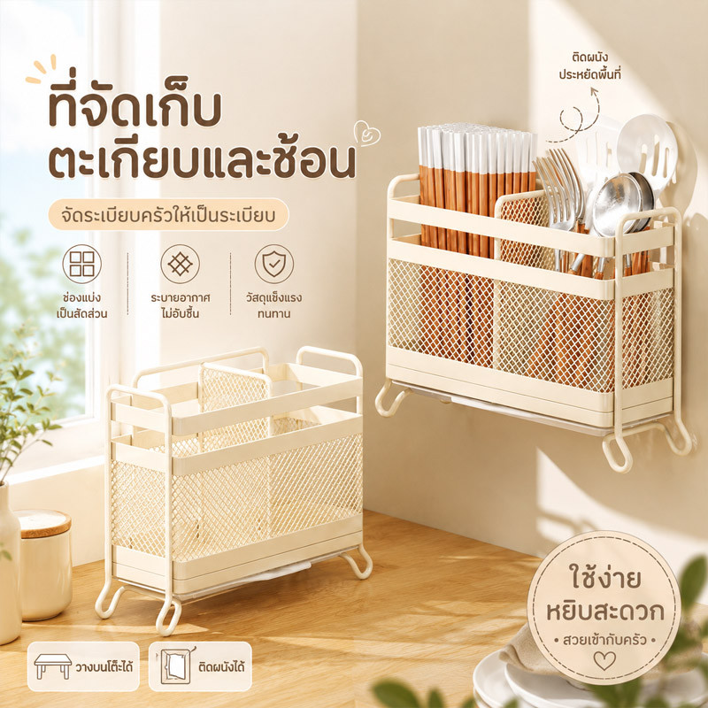 กล่องใส่ช้อนส้อม ที่เก็บช้อนส้อม ตะเกียบ มีช่องระบายน้ำ จัดเก็บอุปกรณ์ในครัว ป้องกันเชื้อราและแบคทีเรีย