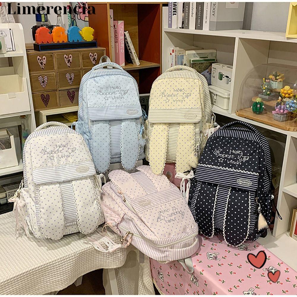 IFFINE BackPack, กระเป๋านักเรียนหลากสีหูกระต่ายยาว, แถบน่ารัก Star Lace Edge กระเป๋านักเรียนความจุขนาดใหญ่นักเรียน