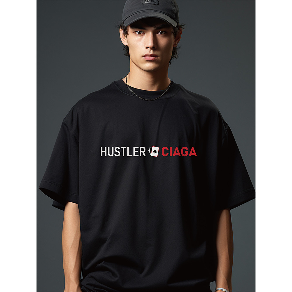 เสื้อผ้าขี้เกียจ Hasler Spoof Texas Holdem เสื้อยืดสีดําเสื้อยืดผู้ชายผ้าฝ้ายแท้แขนสั้นเสื้อผ้ารอบคอ