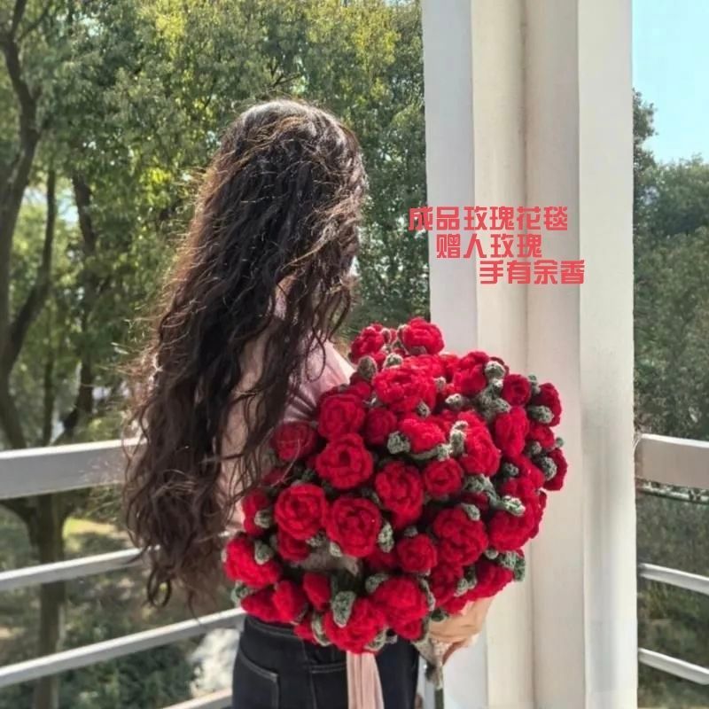 现货渐变色成品玫瑰花束毯子生日礼物永生* 花午睡花毯针织毯花朵Rose Bouquet Blanket, Finished Yarn, Hand Crocheted Flower Blanket, N