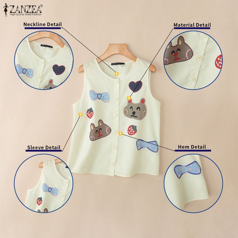 ZANZEA ผู้หญิงเกาหลีลําลองการ์ตูนพิมพ์รอบคอหลวมแขนกุด Tank Tops — صورة 7