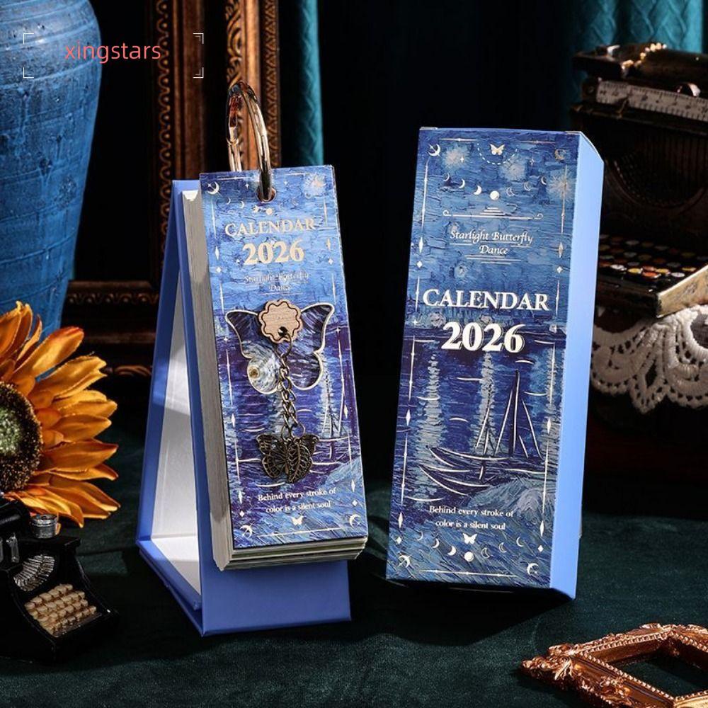 XINGSTARS 2026 ปฏิทินตั้งโต๊ะ, 365 วัน Hand-torn Design Vintage ภาพวาดสีน้ํามัน, Hollow Butterfly วั