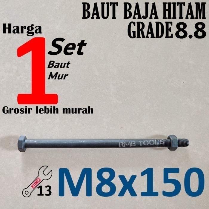 M8x150 น็อตโบลต์เหล็กสีดําเกรด 8.8 คีย์ 13 Pitch 1.25 ครึ่งเกลียว M8