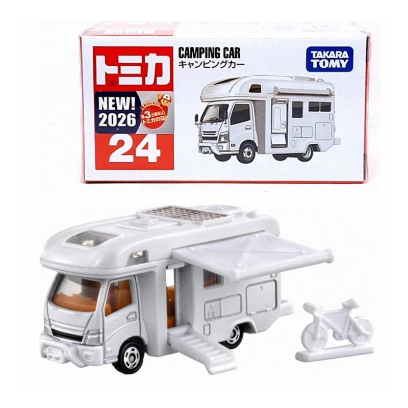 TOMY TOMY July New Car Alloy Car Model Red White Box No. ของเล่น RV ตั้งแคมป์ป่า 24 ชิ้น