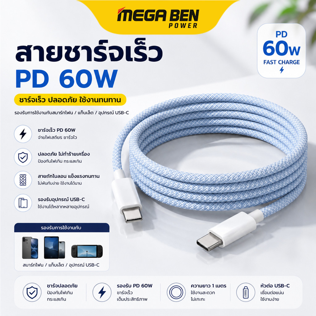 สายชาร์จเร็ว PD 100W Type-C to Type-C สายถัก สำหรับ iPhone 15 / 16 / 17 และสมาร์ทโฟน (1/1.5/2m)