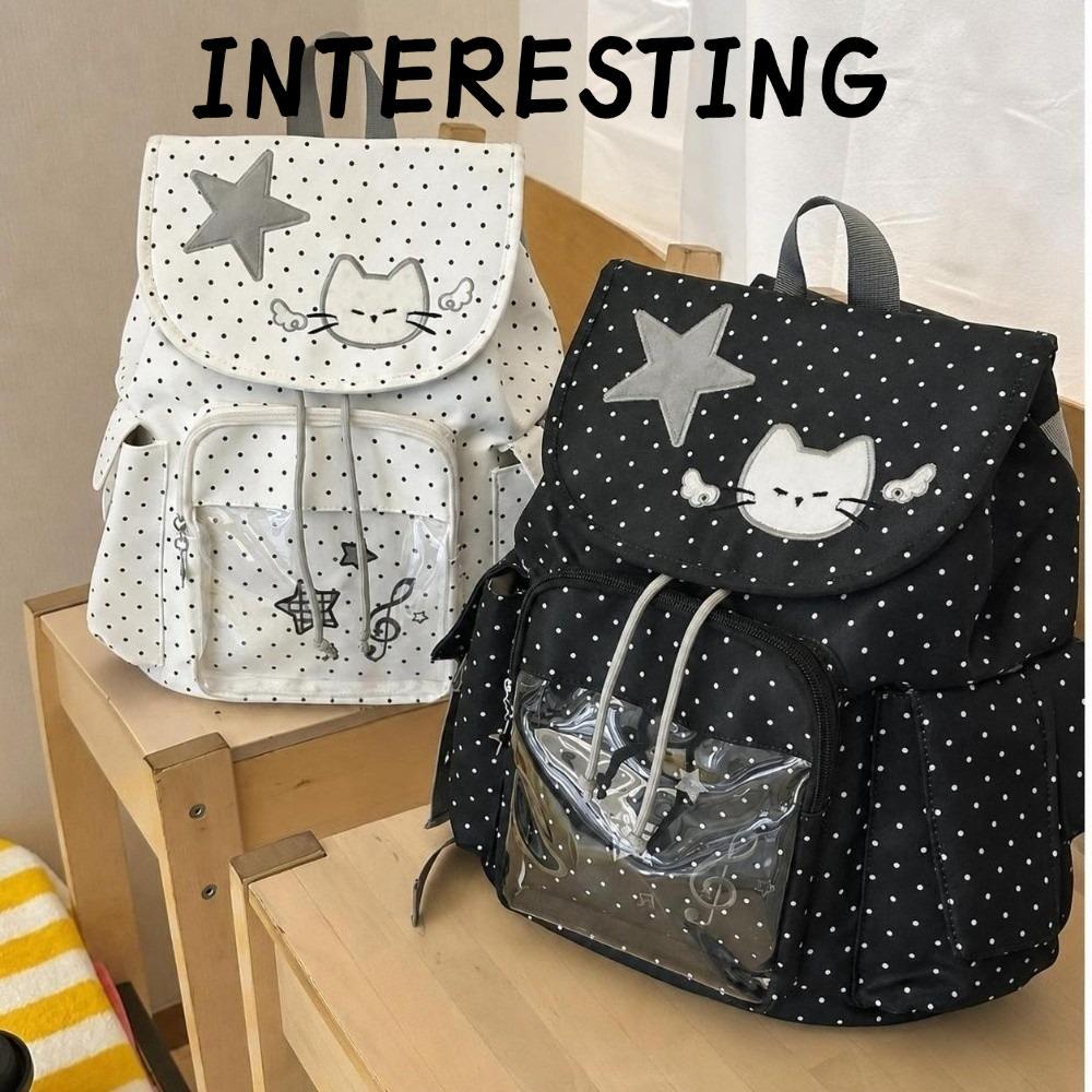 INTERESTING Drawstring Backpack, Polka Dot Sweet Cat Ita Backpack, Kawaii Nylon Large Capacity Trave