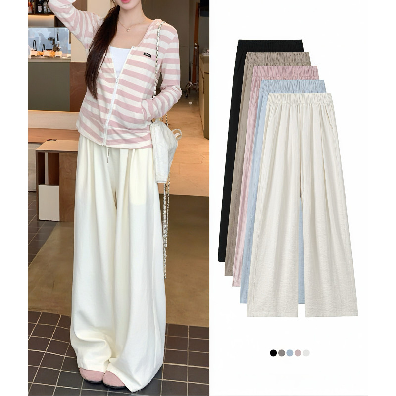 Anni กางเกงขายาวผู้หญิง สีขาวนม ผ้าบางฤดูร้อน ผิวผ้านุ่มมีเท็กซ์เจอร์ ทรงสลัคเดินโค้งสบาย