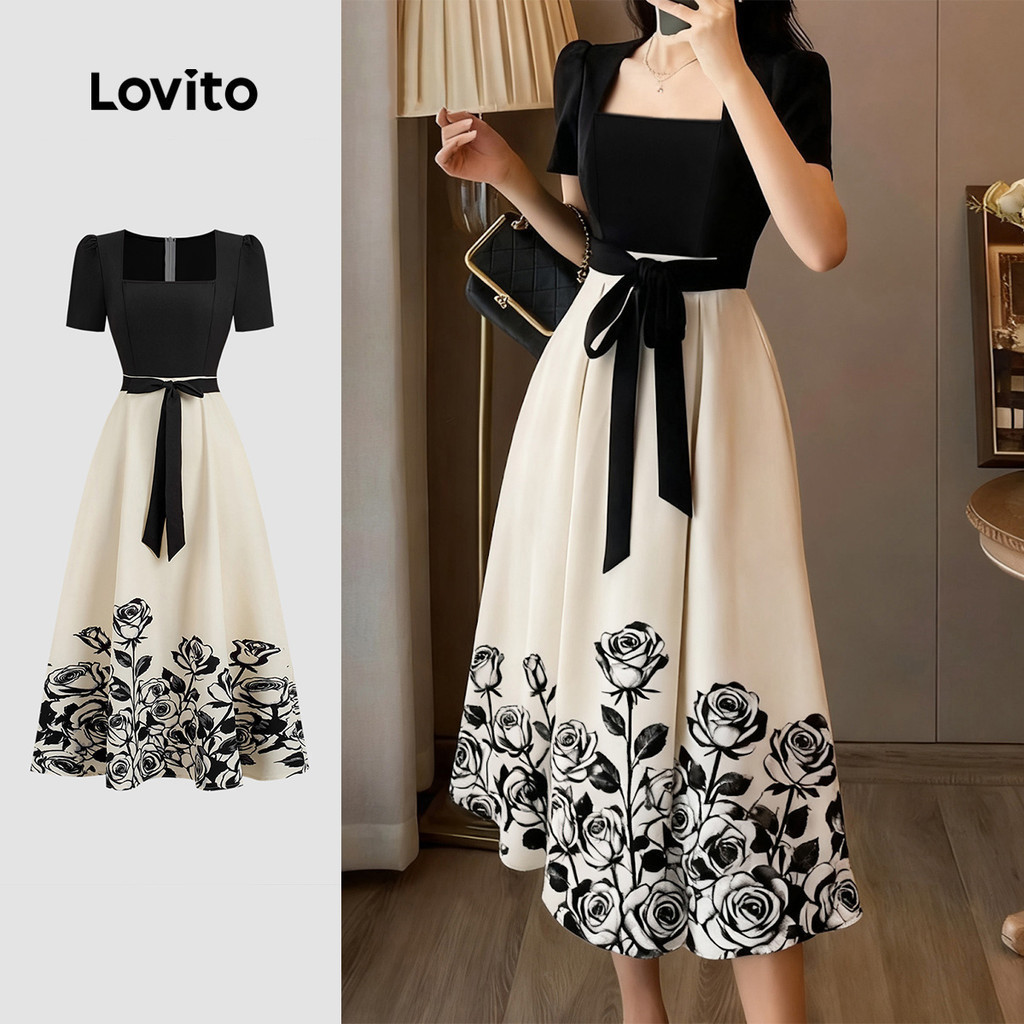 Lovito สง่างาม เดรสสีดําสําหรับฤดูร้อนฤดูใบไม้ผลิ พร้อมเข็มขัดและลวดลายพื้นผิว. (แปลเป็นภาษาไทย). L172ED113