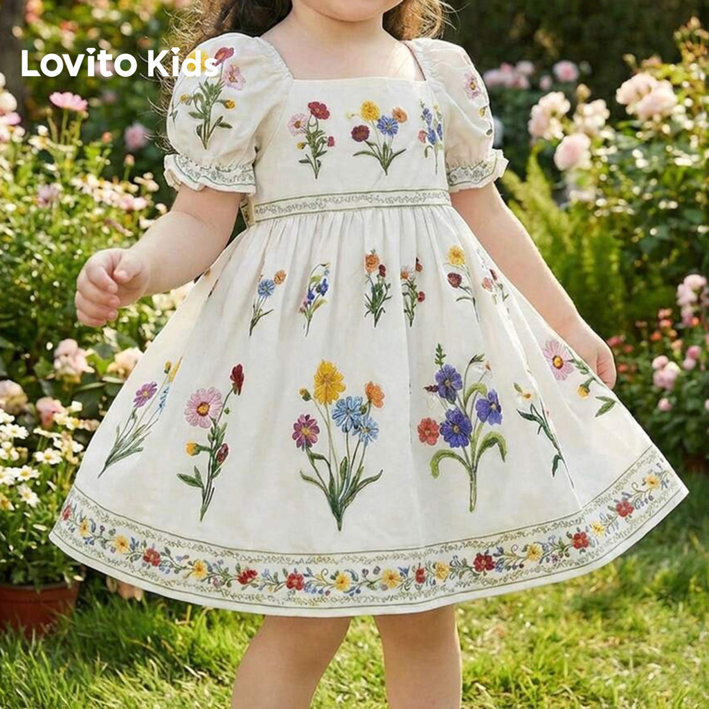 Lovito Kids เดรสสีขาวลายดอกไม้สําหรับฤดูใบไม้ผลิและฤดูร้อน ทรงเดรปป์ สไตล์ลําลองสําหรับเด็กผู้หญิง L192AD013