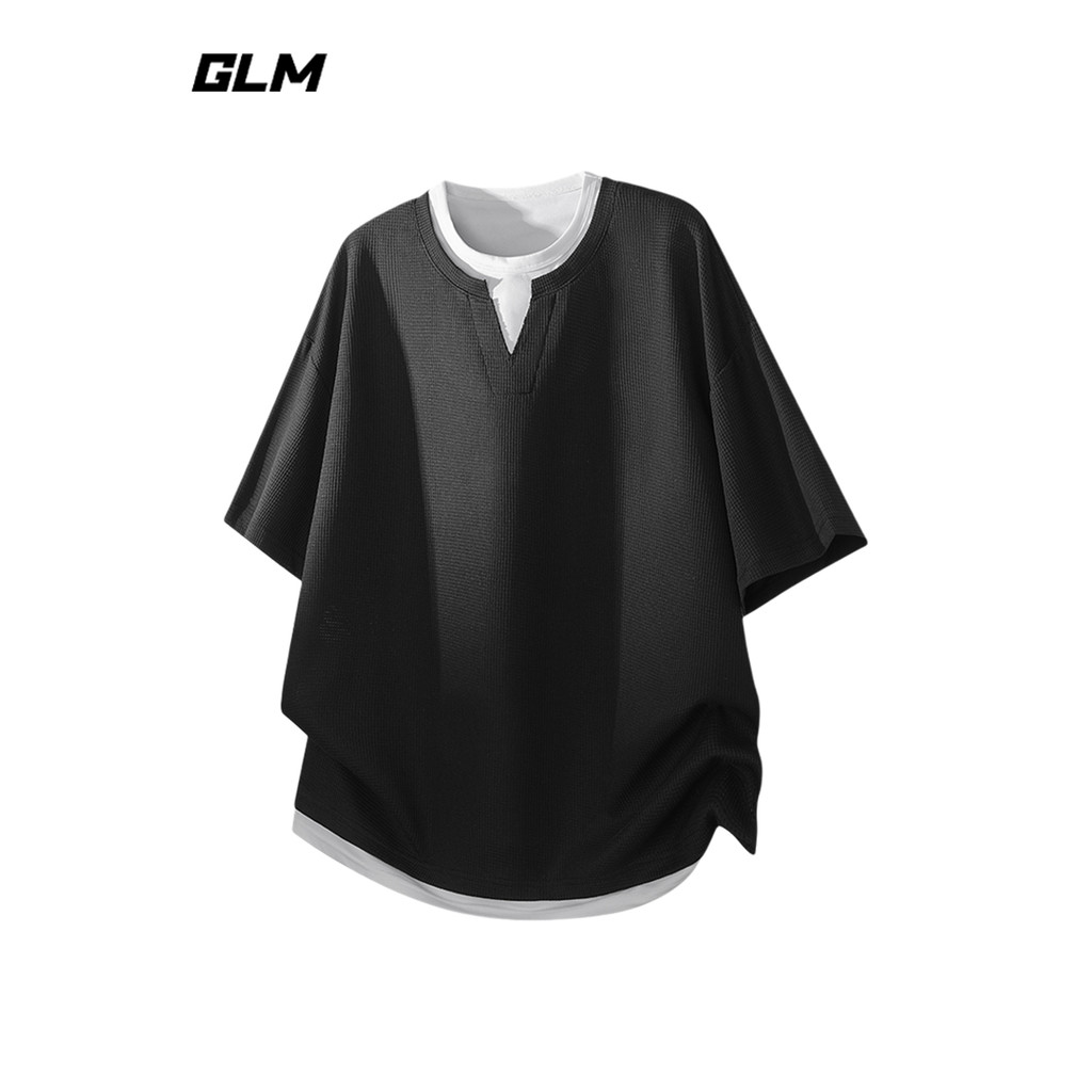 GLM เสื้อยืดแขนสั้นคอปกเฮนรี่สองชิ้นปลอมของแท้อย่างเป็นทางการฤดูร้อนผู้ชายหลวม