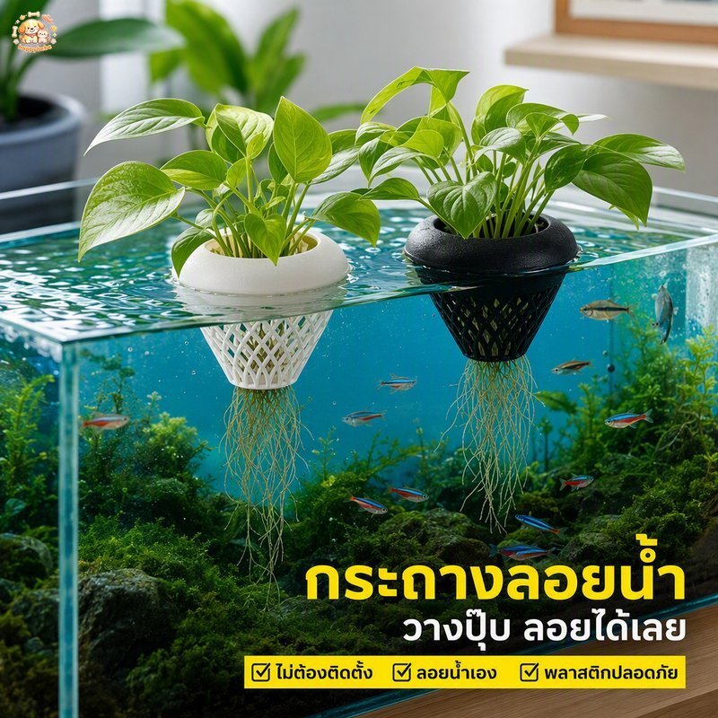 กระถางลอยน้ำตู้ปลา กระถางปลูกต้นไม้ในตู้ปลา วางผิวน้ำ ไม่ต้องติดตั้ง พลาสติกปลอดภัย 2 ขนาด