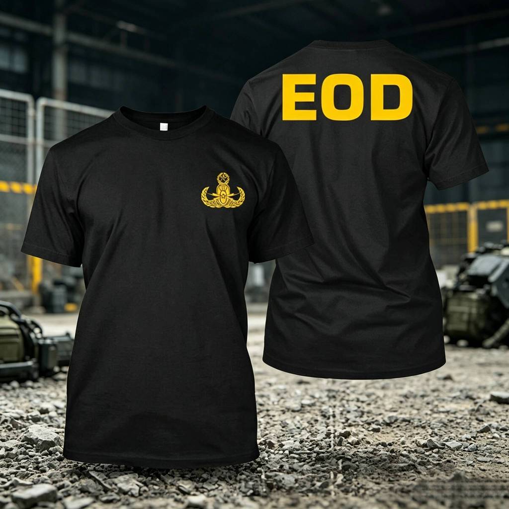 EOD เสื้อยืดแขนสั้นพิมพ์ลายโลโก้หน่วยกู้วัตถุระเบิด ลายสีทอง เหมาะสำหรับคอสะสมของทหาร ผู้ชาย