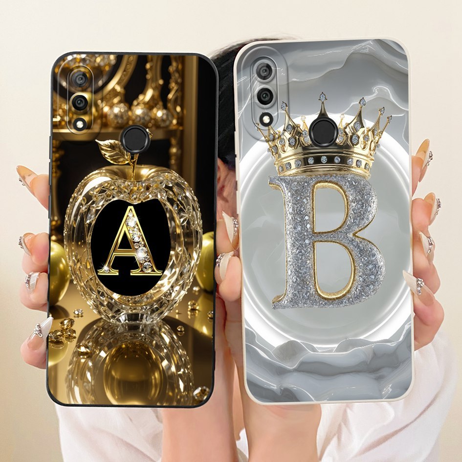 สําหรับ Huawei Y9 2019 กรณี Y9 Prime 2019 ฝาครอบ Crown คริสตัลตัวอักษรเริ่มต้นซิลิโคนนุ่มสําหรับ Hua