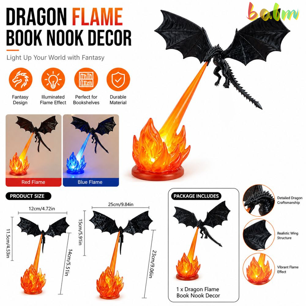 BALM Dragon Bookshelf Decor โคมไฟ, Black Flame Effect Dragon Bookend, ของขวัญ LED Light Winged แฟนตาซีหนังสือตกแต่ง Dragon Figurine ชั้นวางหนังสือตกแต่ง