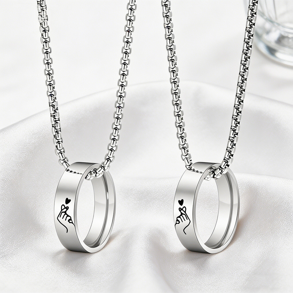 Souman ขัดสแตนเลสสร้อยคอจี้คู่ Hand-Heart Gesture แหวน Charm เกาหลีหวานเครื่องประดับสด SMXL100 ซ้าย-