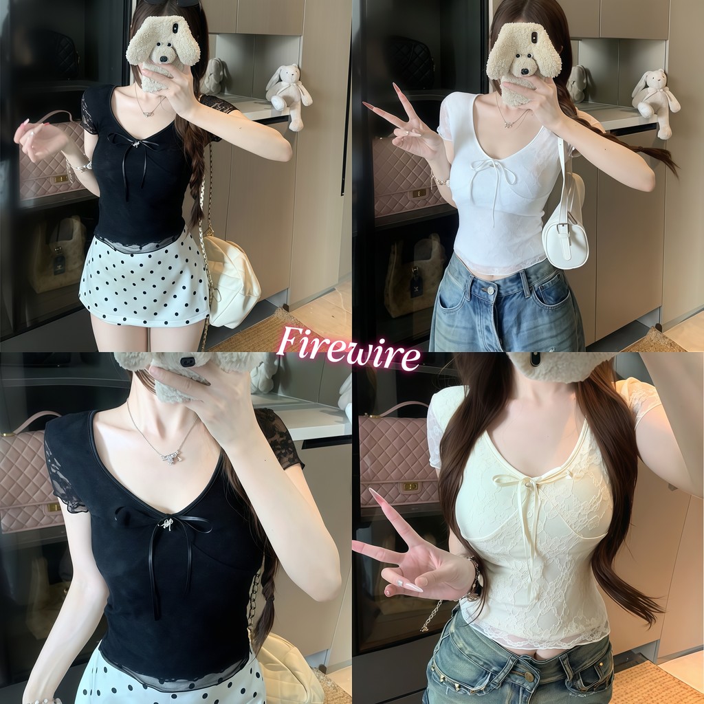 Firewire🔥พร้อมส่ง🔥เสื้อแขนสั้นลูกไม้ผู้หญิงสไตล์เกาหลี วีคอ ผูกโบว์หน้า ทรงรัดรูป เซ็กซี่-FY1530