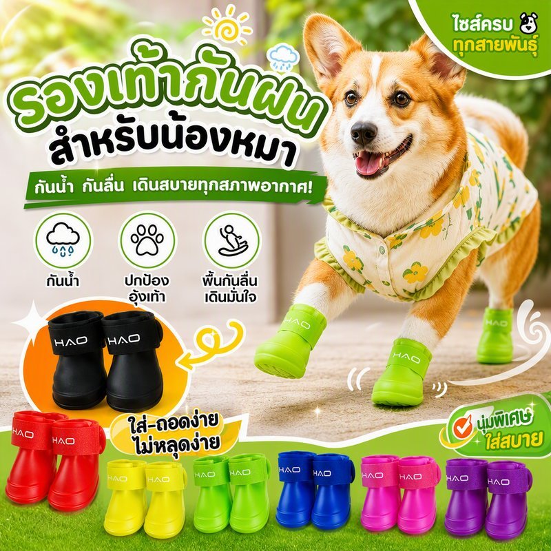 รองเท้าบูทยางสุนัข กันฝน กันน้ำ กันลื่น สายรัดเวลโครแน่น ไม่หลุดง่าย ป้องกันอุ้งเท้า เดินนอกบ้าน