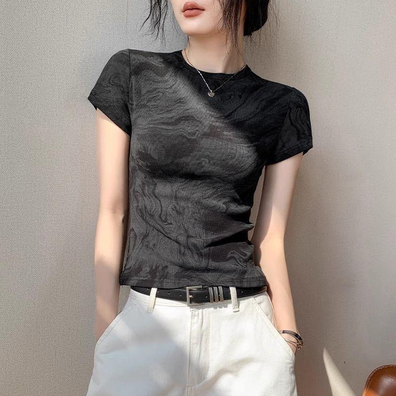 2025 ฤดูร้อนสไตล์แห่งชาติ Tie-Dye Tight-Dye เสื้อยืดแขนสั้นรอบคอ Slim-Fit S