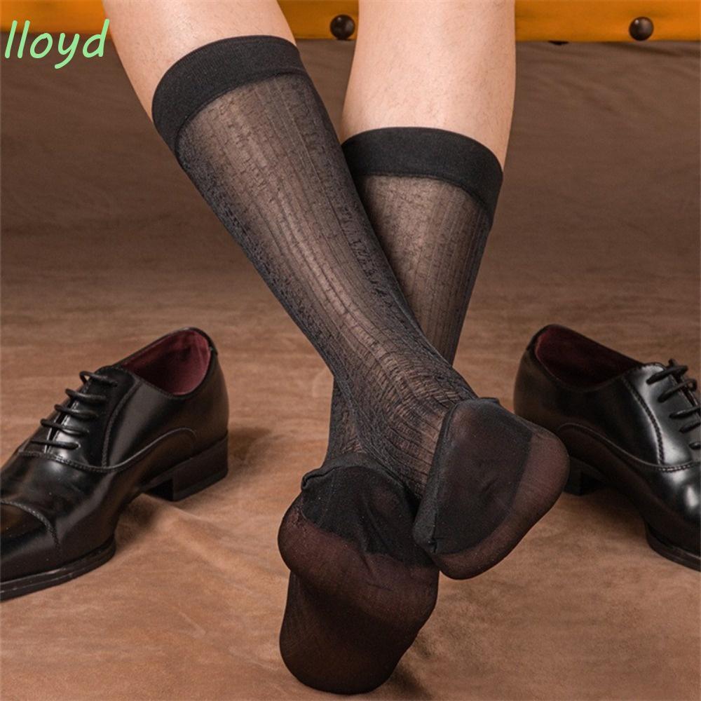 LLOYD Men Business Socks, Shiny Ultra-Thin Dress Socks, Nylon Striped Breathable Mesh Sheer Socks Me