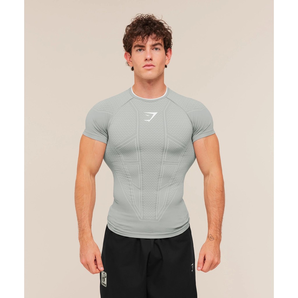 GYMSHARK ONYX Mens Sports Fitness Stretch T-Shirt Round Neck Short-Sleeved Tight Top Training Suit