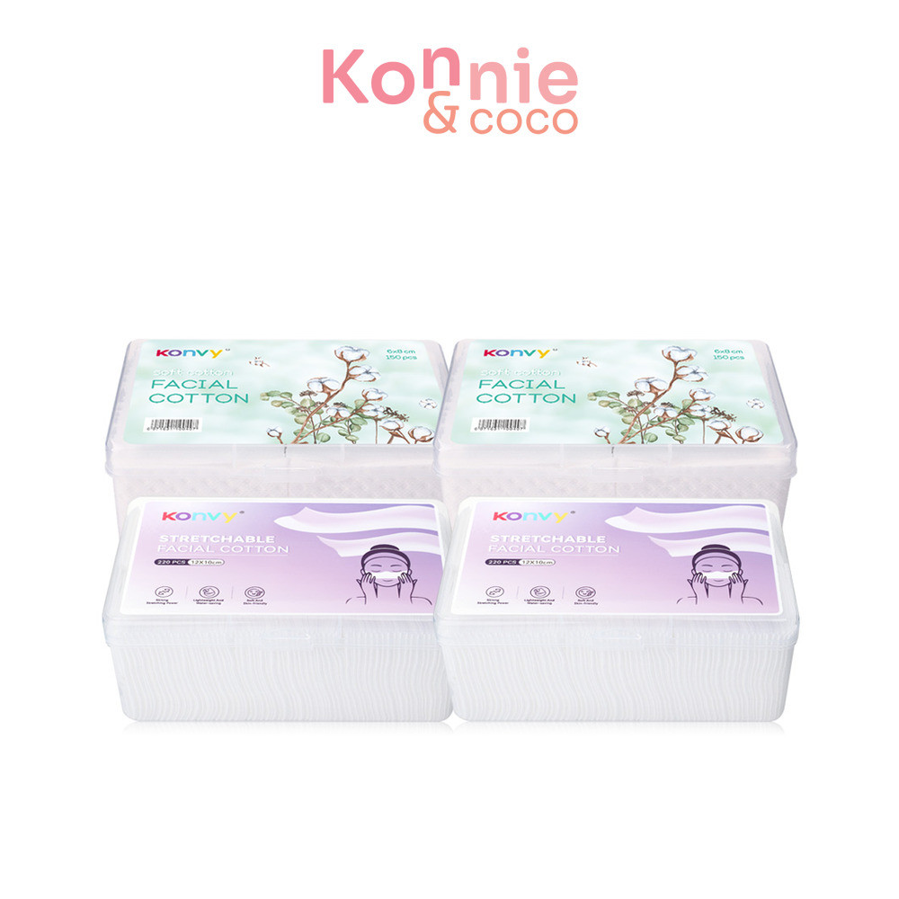 Konvy Facial Cotton [150pcs x 2 Packs] + Konvy Stretchable Facial Cotton [220pcs x 2 Packs].