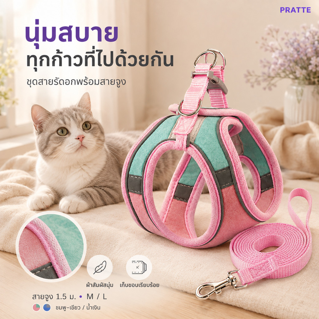 PRATTE💜 สายจูงแมวรัดอก แบบเสื้อกั๊ก นุ่มสบาย สะท้อนแสง พร้อมสายจูงยาว 1.5 เมตร