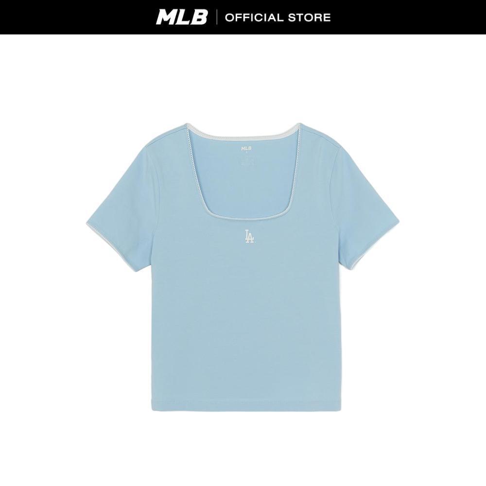 MLB เสื้อยืด ผู้หญิง Basic Lace Square Neck Slim Semi Crop T-Shirts รุ่น 3FTSB5263 07BLM สีฟ้า