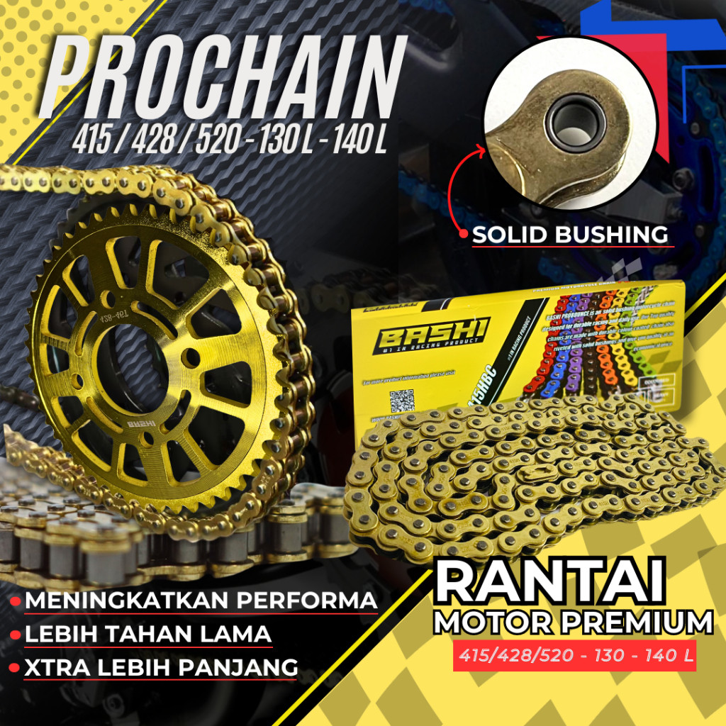 S3M GOLD MOTORCYCLE CHAIN BASHI PROCHAIN GOLD HEAVY DUTY SOLID BUSHING 415H 428H 520H 130L HONDA
