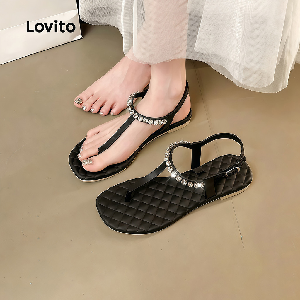 Lovito รองเท้าแตะลำลองสไตล์เกาหลี หัวเข็มขัดโลหะประดับเพชรเทียม สำหรับใส่ไปชายหาด 1 คู่ สำหรับผู้หญิง LFA121004