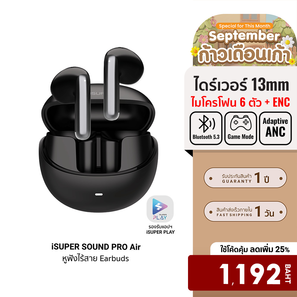 [ลดเหลือ 1192] iSUPER SOUND PRO Air หูฟังไร้สาย ตัดเสียงรบกวน Bluetooth 5.3 ใช้งานผ่านแอปฯ -12M