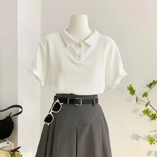 Hotgirl พร้อมส่ง เสื้อโปโล เสื้อยืดโปโลผู้หญิง ผ้าวาฟเฟิลพื้นฐาน แขนสั้น ทรงหลวม ดูเรียบร้อย ใส่เข้างานไปเที่ยว