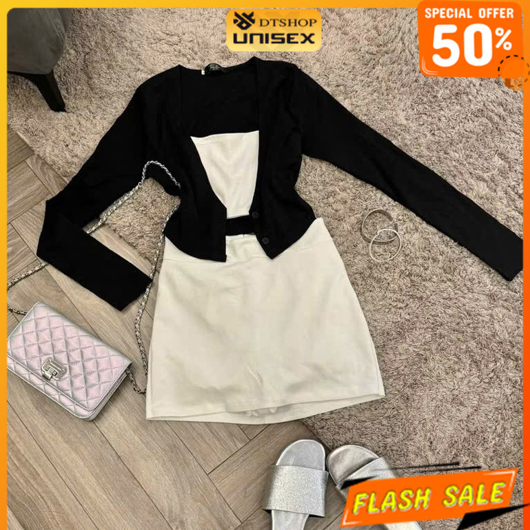 (สินค้าดี) - เซ็ตเสื้อเกาะอก 3 ตัว เสื้อยืดแขนยาวบอดี้คอนผสมกระโปรงทรงเอผ้าคอตตอนเนื้อนุ่มสําหรับผู้