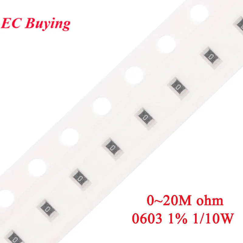 100 ชิ้น 1% 0603 ตัวต้านทาน SMD 0R ~ 20M 1/10W 0.1 0.22 10 100 150 220 330 โอห์ม 1K 2.2K 10K 100K 0.