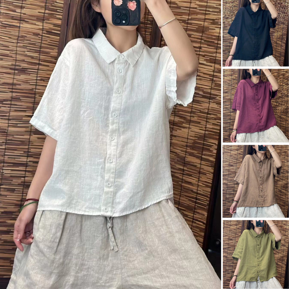 เสื้อแขนสั้นผ้าฝ้ายและลินินสำหรับผู้หญิง ทรงคลายแบบเรียบหรู
