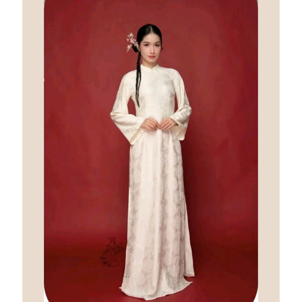 แบบดั้งเดิม Ao Dai พร้อมแขนเสื้อบานยาวและเครื่องรางดอกไม้หิน เหมาะสําหรับวันหยุดงานแต่งงาน xin-Jnn S