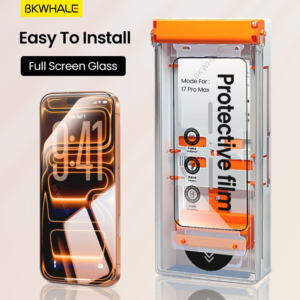BKWHALE ติดตั้งง่ายกระจกนิรภัย HD Full Screen Protector สําหรับ iPhone 17 Pro Max 17 Air 16 Pro Max 15 Pro Max 14 Pro Max 16 Plus 12 13 Pro Max ฟิล์มป้องกันความเป็นส่วนตัว