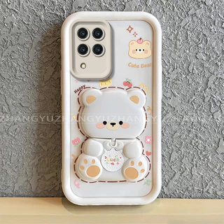 เหมาะสําหรับ Samsung A12 A22 4G 5G เคสโทรศัพท์ใหม่น่ารักหมีกระจกขาตั้ง lprotective พร้อมความงามปกอ่อน JT07