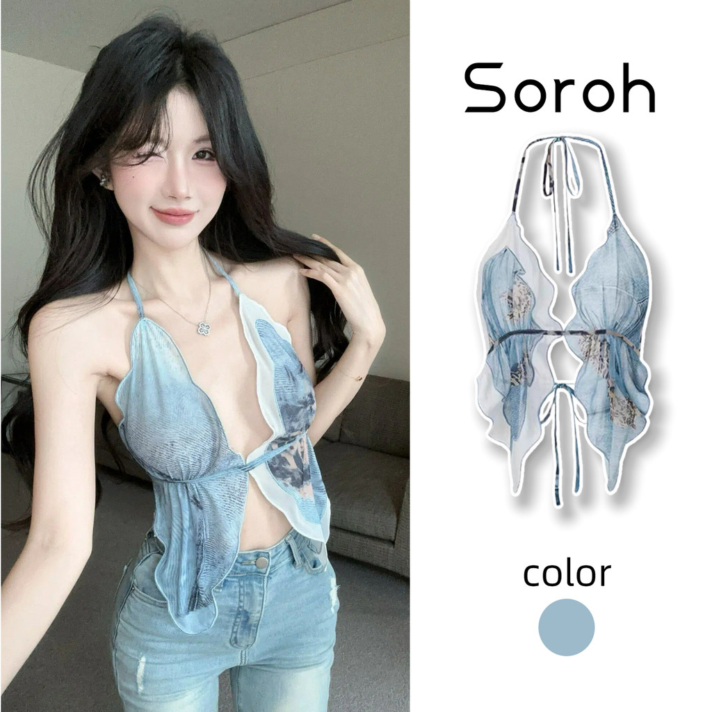 ⭐Soroh⭐เสื้อสายเดี่ยว คล้องคอ เปิดหลัง เข้ารูป ผ้าใส่สบาย เสื้อครอป ไปทะเล แฟชั่น เซ็กซี่#FY2972