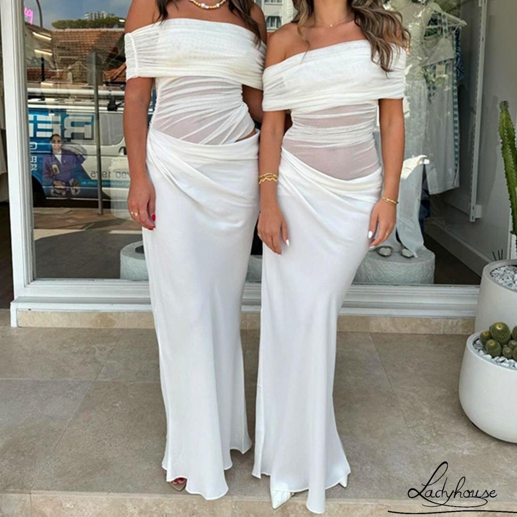 ชุดเดรสยาวสีทึบสำหรับผู้หญิง ทรงเรือหางปลา คอปิดไหล่ สไตล์ LBD เหมาะสำหรับฤดูร้อน