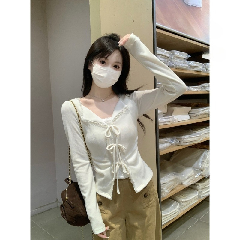 เกาหลีของปลอมสองชิ้นลูกไม้การประกบแขนยาวเสื้อยืด หวานหูกระต่ายทรงเข้ารูปเสื้อแจ็กเกต จัดส่งจากกรุงเทพ - รูปที่ 2