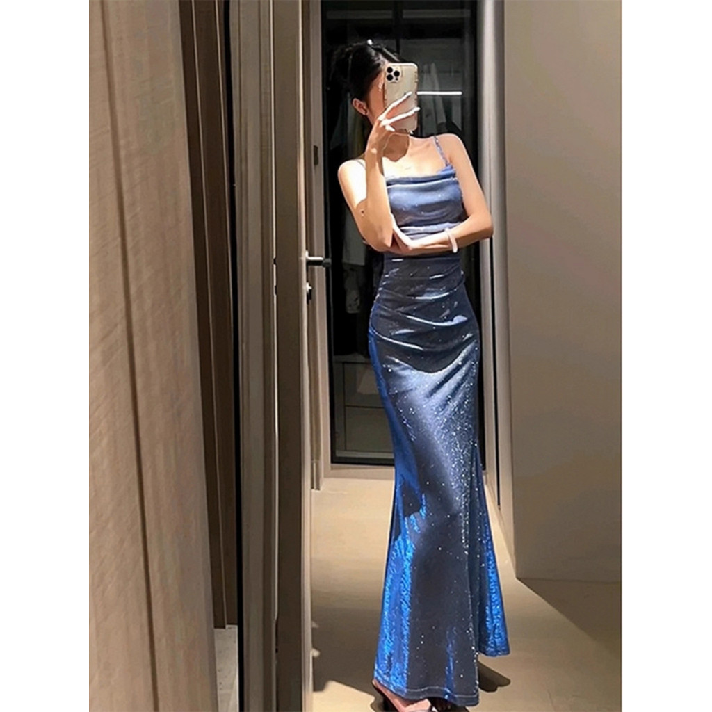 ผู้หญิง blue แซ่บ dress ยาว สไตล์เกาหลี เดรส  แขนกุด เดท พาร์ตี้ ชุดราตรี