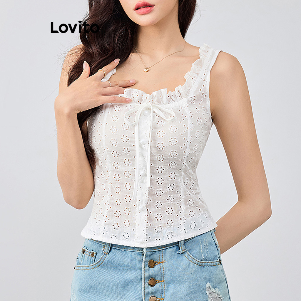 Lovito เสื้อกล้ามลูกไม้ปักลายตาไก่สไตล์ลำลองสำหรับผู้หญิง L116MD289