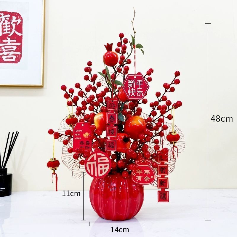 ของตกแต่งปีใหม่ดอกไม้และผลไม้ปลอมสีแดง สำหรับตกแต่งบ้านและห้องนั่งเล่นให้น่าอยู่ - รูปที่ 2