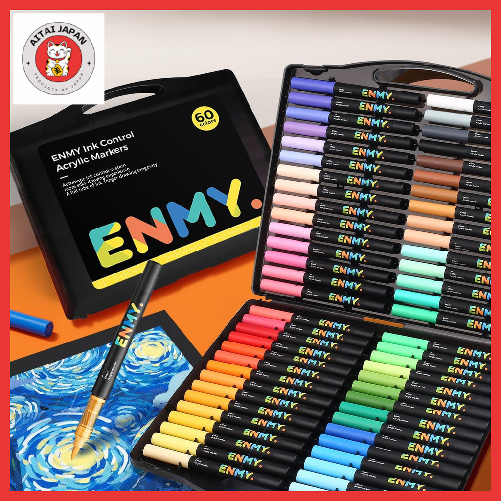 ENMY ชุดสี 60 สี ปากก๊อคอะคริลิสีน้ำ ทนสีซีด จัดเต็มสำหรับศิลปะ การ์ตูน ผ้า กระดาษ แก้ว ไม้ และผ้าฝ้