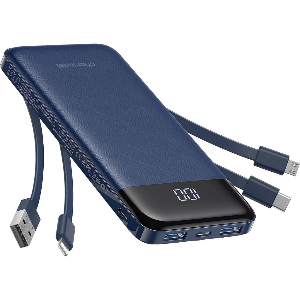 Charmast Portable Charger พร้อมสายเคเบิลในตัว, Power Bank พร้อมสายไฟ, Slim 10000mAh Travel Pack 6 เอ