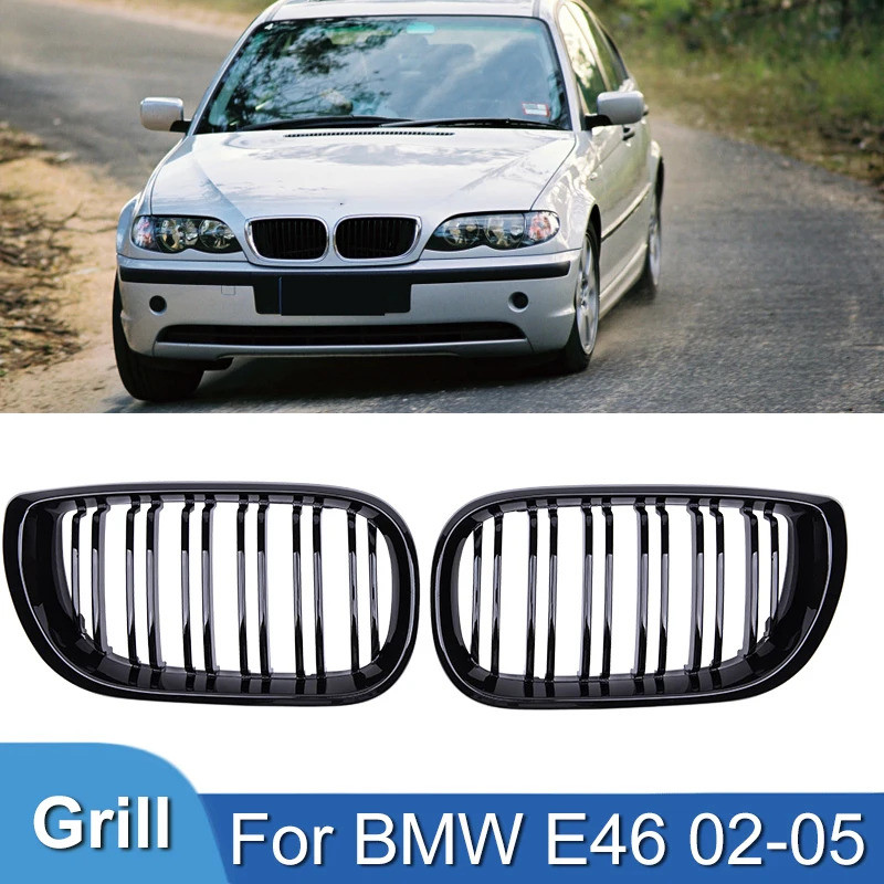 Pulleco สําหรับ BMW 3 Series E46 รถกระจังหน้ากระจังหน้า Racing Grill Kidney Dual Line Grills Gloss B
