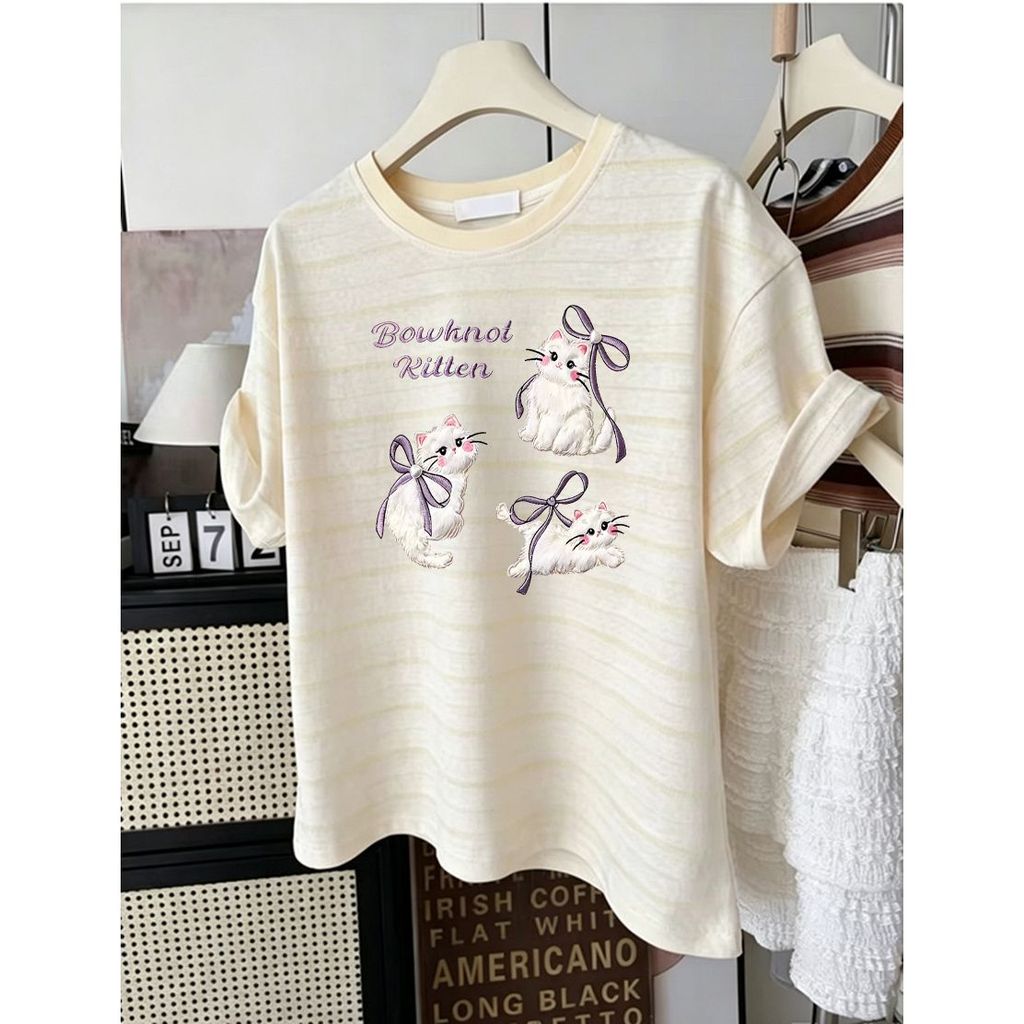 ฤดูร้อนบางลายแขนสั้นเสื้อยืดผู้หญิงหลวม บวก รอบคออเนกประสงค์ สูงสุด