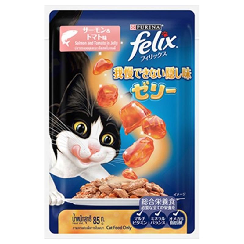 เฟลิกซ์เซนเซซั่นอาหารแมวรสปลาแซลม่อนและมะเขือเทศในเยลลี่ 85กรัม Felix Salmon Tomato 85g [หมายเลขบาร์โค้ด 4902201209151 ]