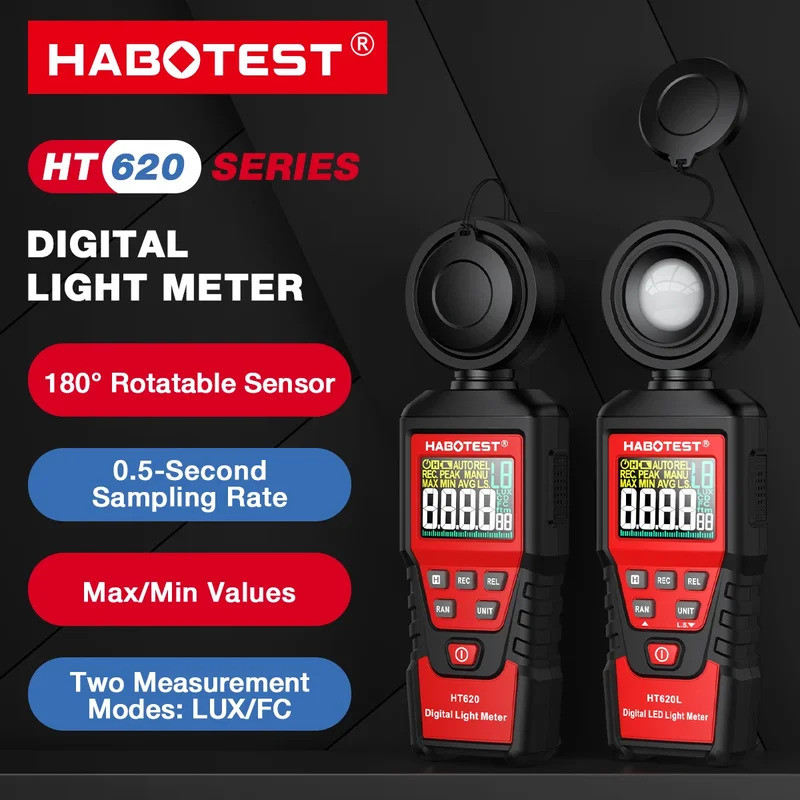 HABOTEST HT620 เครื่องวัดแสง เครื่องวัดความสว่างแบบดิจิตอล เครื่องวัดอุณหภูมิโดยรอบแบบใช้มือถือพร้อม